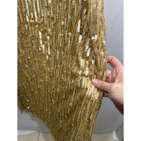 NWT $598 Mac Duggal [ 12 ] Sequined Long Sleeve V Neck Beaded Fringe Gown Gold‎ - Picture 11 of 15